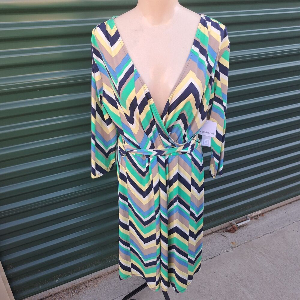 NEW Liz Claiborne Surplice Large V-Neck Faux Wrap Dress Chevron Malibu Striped